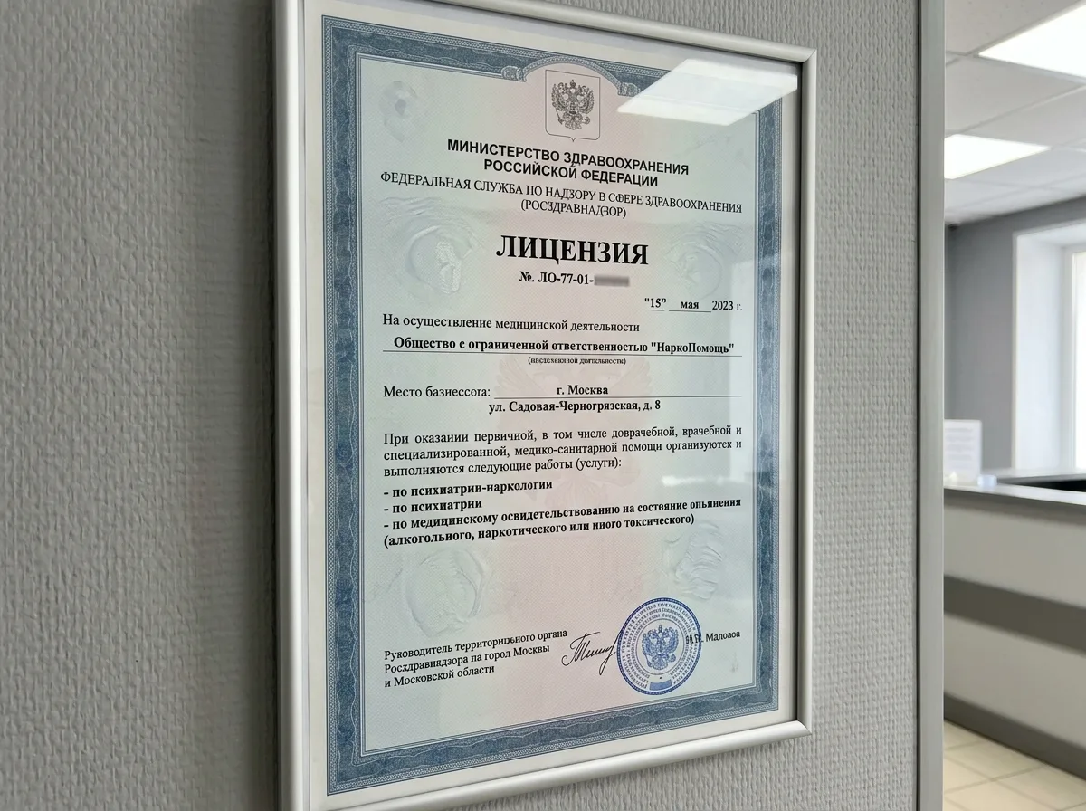 Медицинская лицензия ООО НаркоПомощь Москва на осуществление медицинской деятельности по профилю психиатрия-наркология, официальный бланк Росздравнадзора