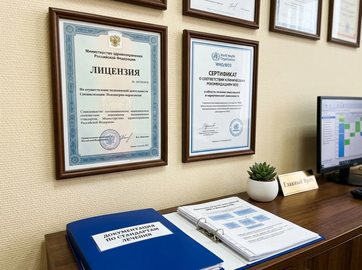 Документы подтверждающие соответствие клиники стандартам Минздрава РФ и клиническим рекомендациям ВОЗ по лечению алкоголизма и наркомании